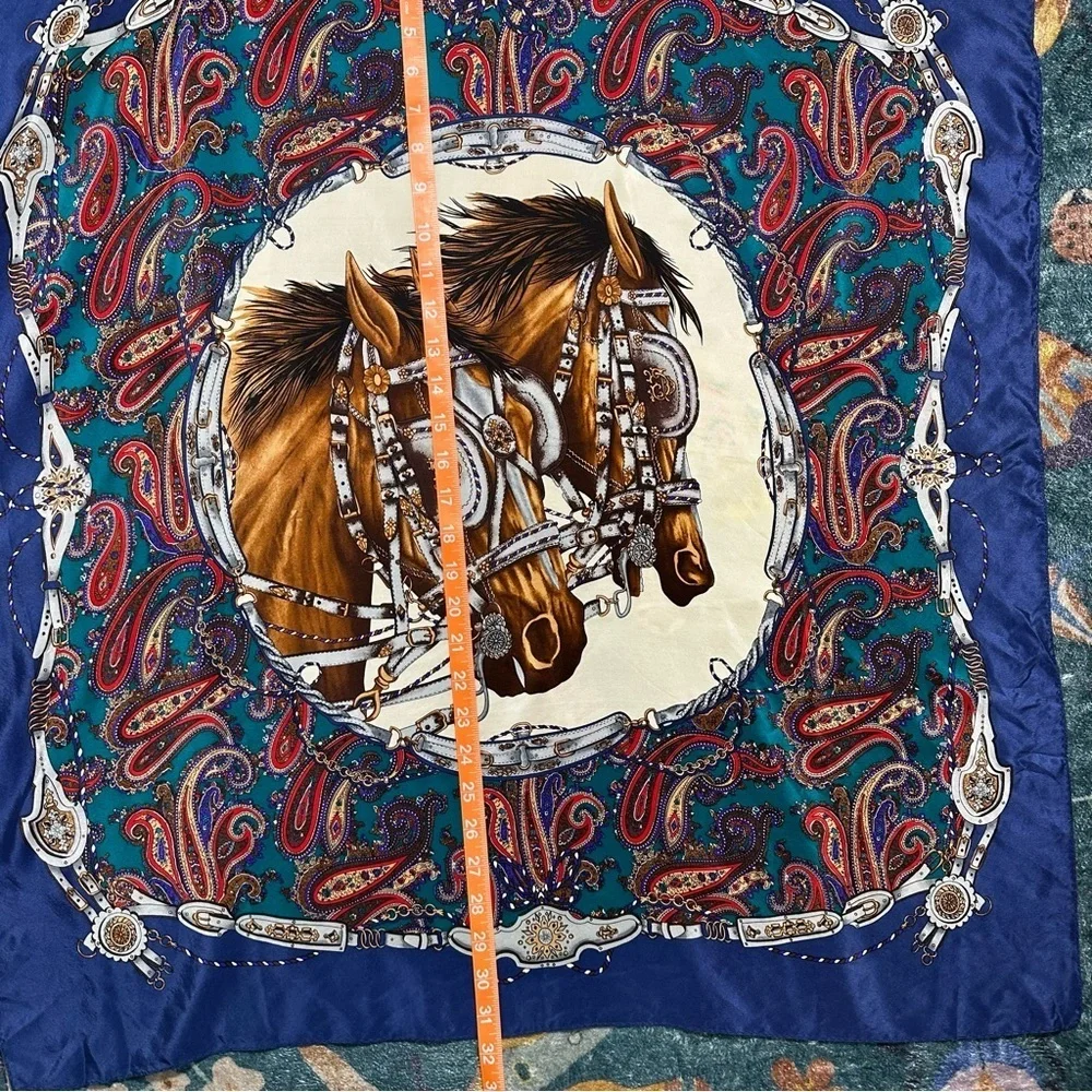 Equestrian Paisley Scarf Horse Motif Silk Feel 29x31 Blue Brown